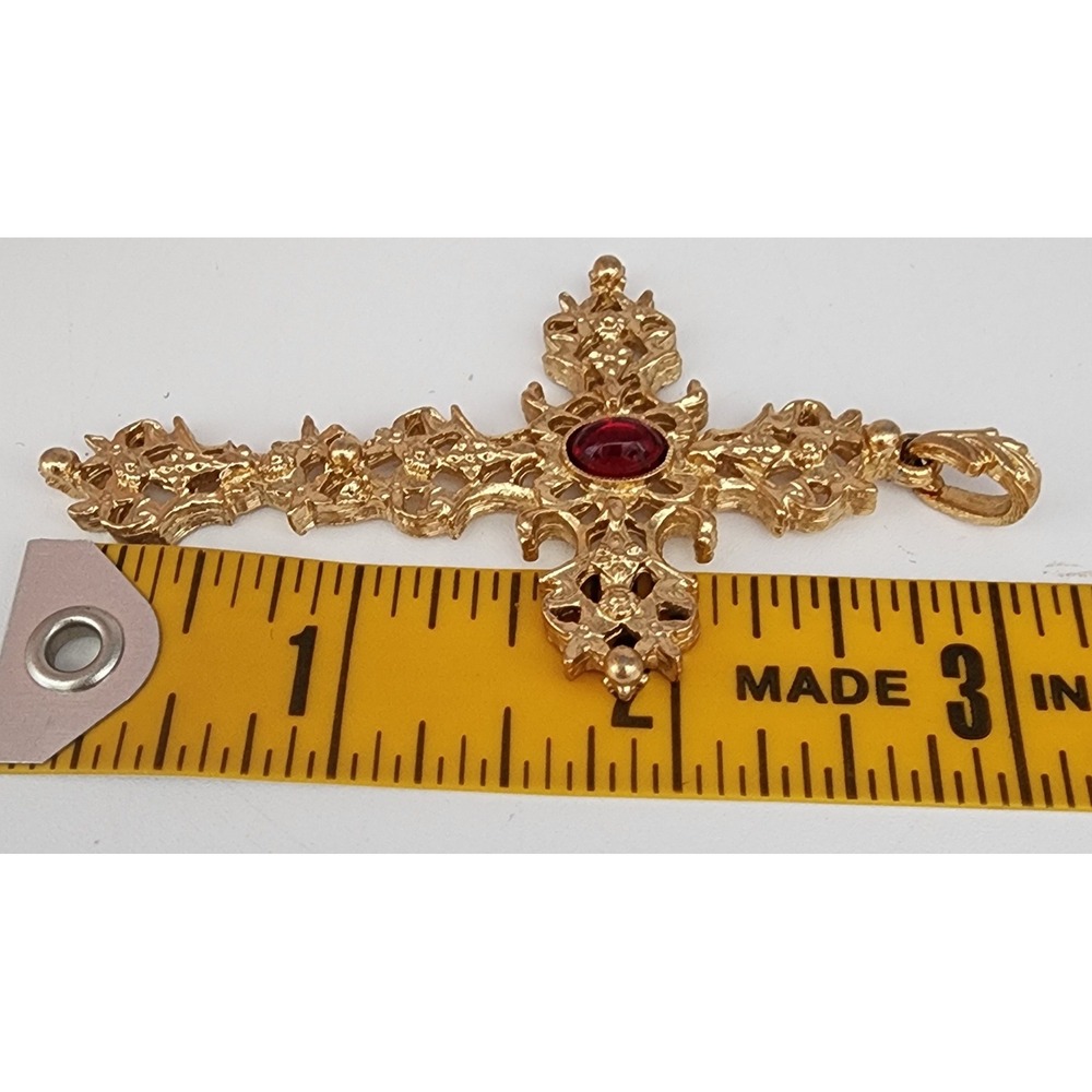 1970s Avon Signed Red Cabochon Cross Pendant Large 2 3/4" Gothic Vintage - Picture 8 of 10